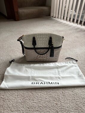 Brahmin Cream Croc-Embossed Satchel with Black Trim